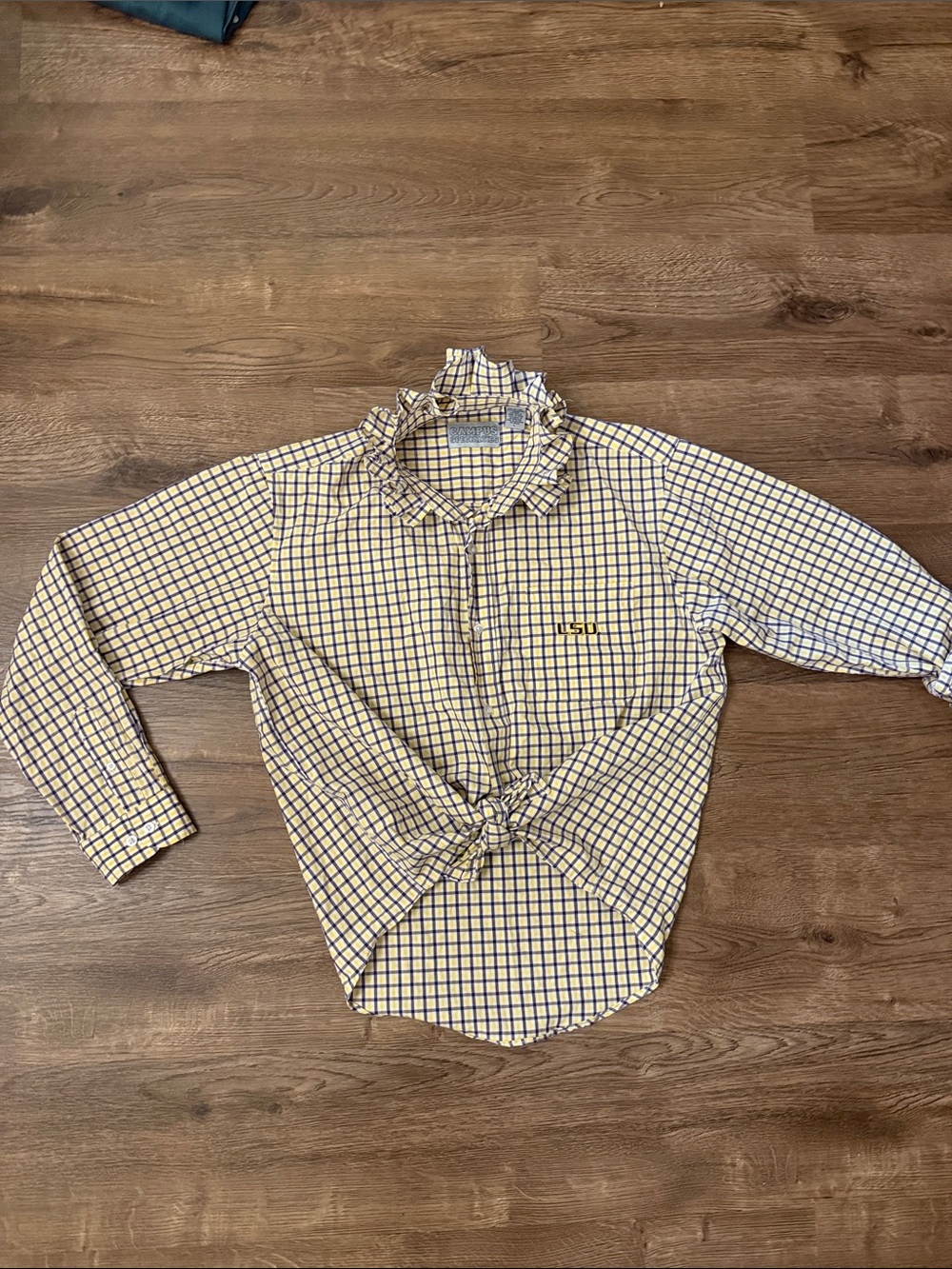 LSU Upcycled Button-Front Shirt with Ruffle Collar - Yellow & Purple Size Large